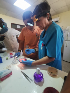 Ester García (estudiante de medicina) junto a Kika Colom (tutora) en el laboratorio del Hospital del Condado de Turkana, en Lodwar.