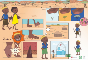 Diseño del interior del díptico para difusión de la información sobre la prevención del micetoma en los colegios de Turkana. Creación de Jaime Bernabéu (estudiante de Bellas Artes). 